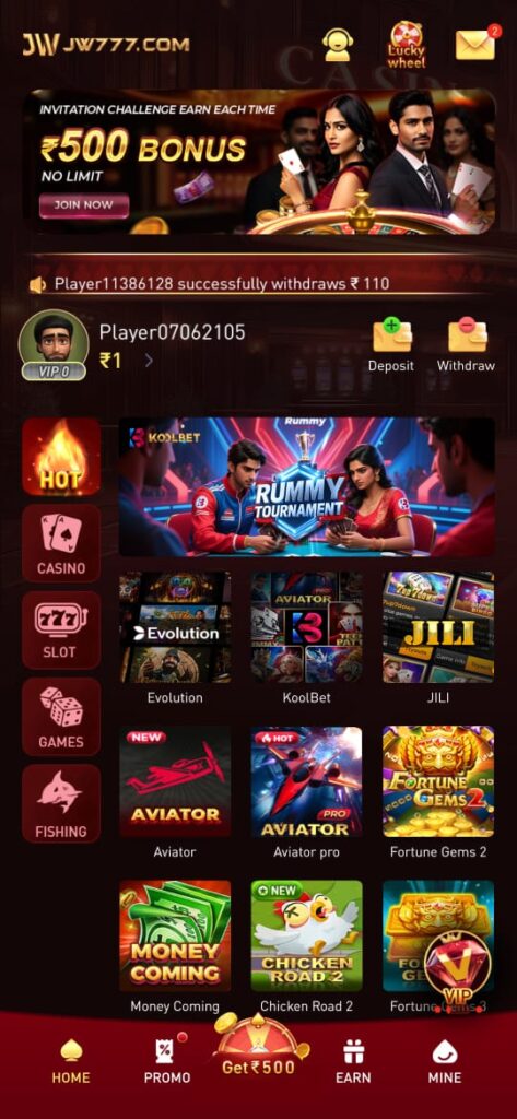 JW 777 Game app home screen showing smooth interface and fast navigation