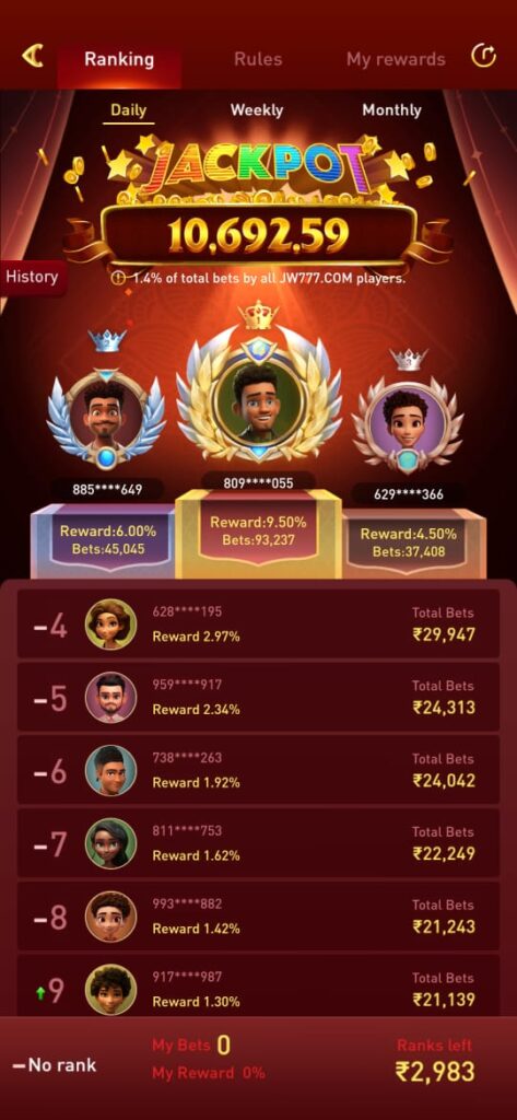 JW777 Game showing Rs.200 signup bonus, coins reward system and daily earning notifications on mobile screen